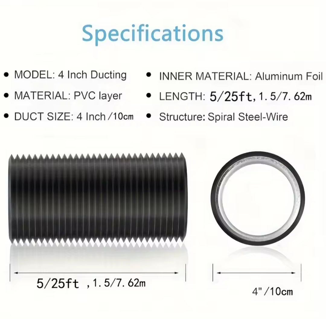 Flexible 4 Inch Black Ducting (5ft) With Clamps